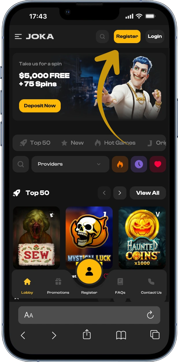 Bouton d'inscription sur Joka Casino France connexion