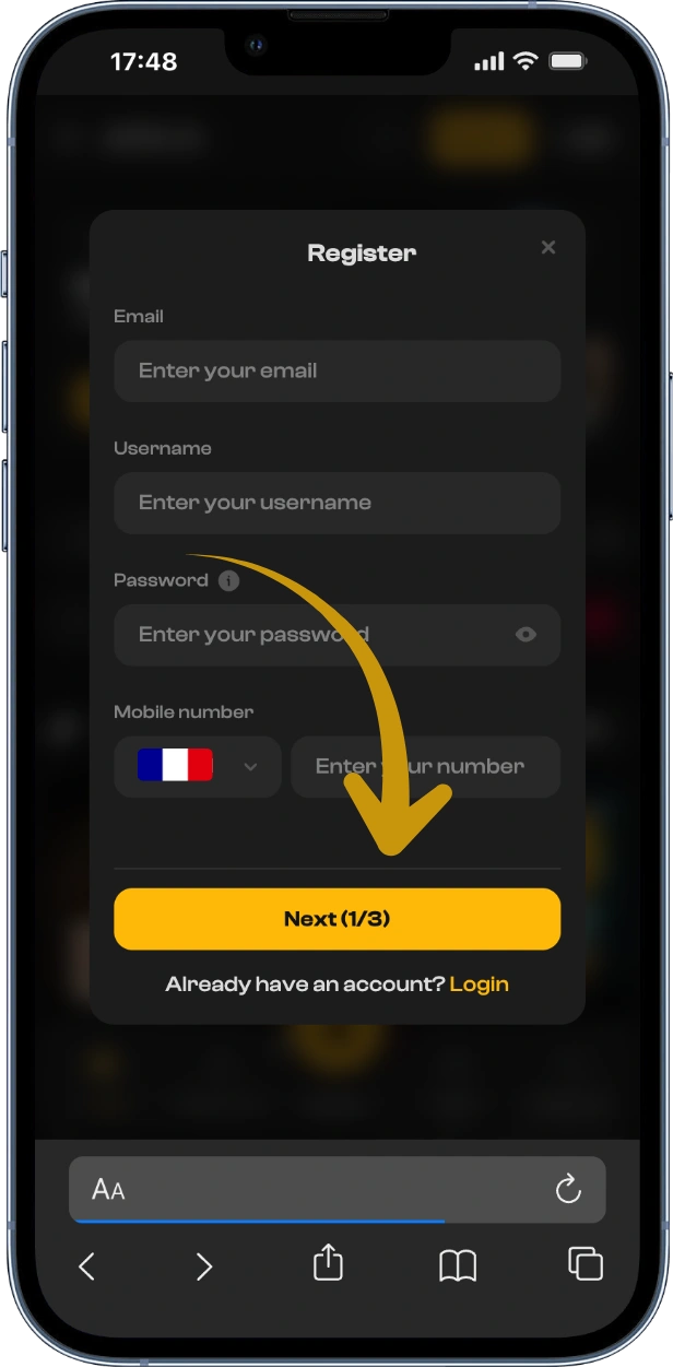 Bouton Next pour finaliser l'inscription sur Joka Casino France connexion