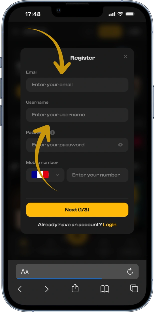 Formulaire avec email et nom d'utilisateur pour Joka Casino France connexion